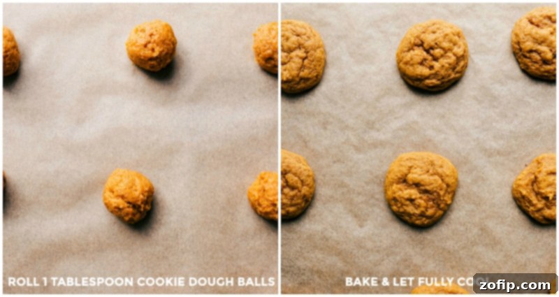 Pumpkin Whoopie Pie Cookie Dough - Before and After Baking Image showing pumpkin whoopie pie cookie dough balls before baking and baked cookies on a baking sheet, ready for frosting.