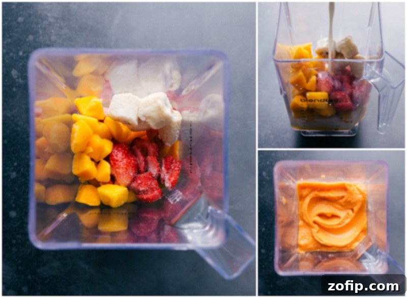 Blending ingredients for a thick peach smoothie Process shots demonstrating how to combine frozen fruits and milk in a blender, then blend until smooth and thick.