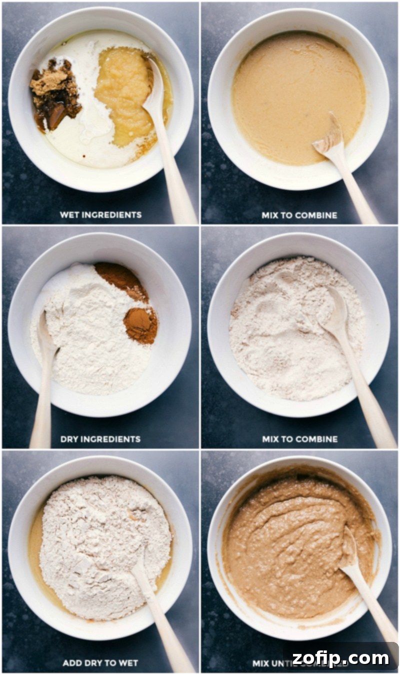 Preparing Apple Coffee Cake: Mixing Wet and Dry Ingredients for a Smooth Batter A step-by-step image showcasing the preparation of the Apple Coffee Cake, with separate bowls of meticulously measured wet and dry ingredients, followed by the seamless mixing process until a smooth, velvety batter is achieved. This visual guide ensures clarity and ease for home bakers.