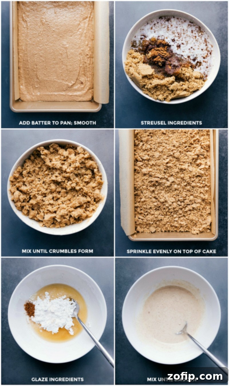 Apple Coffee Cake in Progress: Batter, Crumble Topping, and Glaze Preparation Three key stages of making Apple Coffee Cake: the smooth batter neatly spread in a baking pan, the preparing and sprinkling of the delightful crumble topping, and finally, the whisking of the luscious apple cider glaze. This visual narrative simplifies the baking process.