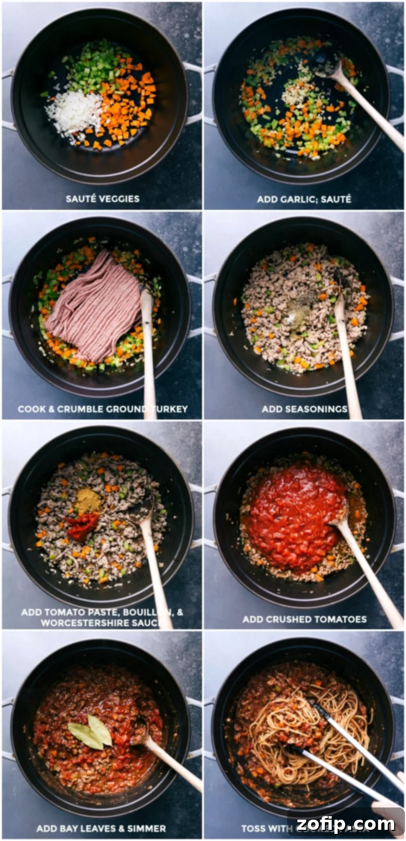 Sautéing veggies, adding garlic, cooking ground meat, seasoning, adding tomato paste, bouillon, worcestershire sauce, crushed tomatoes, bay leaves, and simmering, then tossing with cooked pasta.