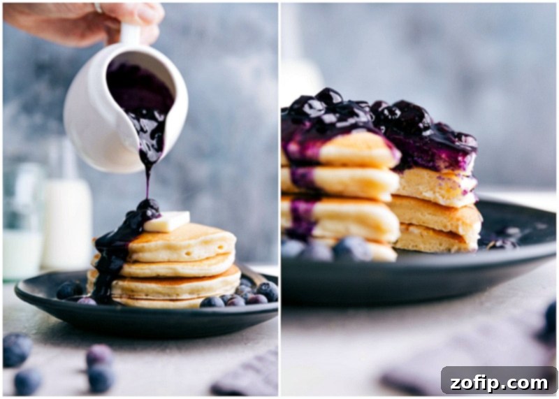 Elevate your breakfast with protein-rich Greek Yogurt Pancakes and delicious toppings! A stack of Greek Yogurt Pancakes being generously drizzled with homemade blueberry syrup.