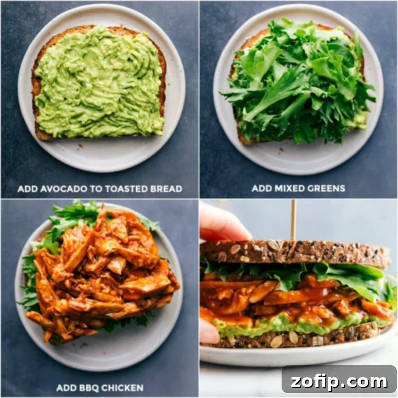 Assembling the best BBQ chicken sandwich recipe by adding creamy avocado to toasted bread, layering with mixed greens, chicken, and topping with the other piece of bread, showing the process in detail.