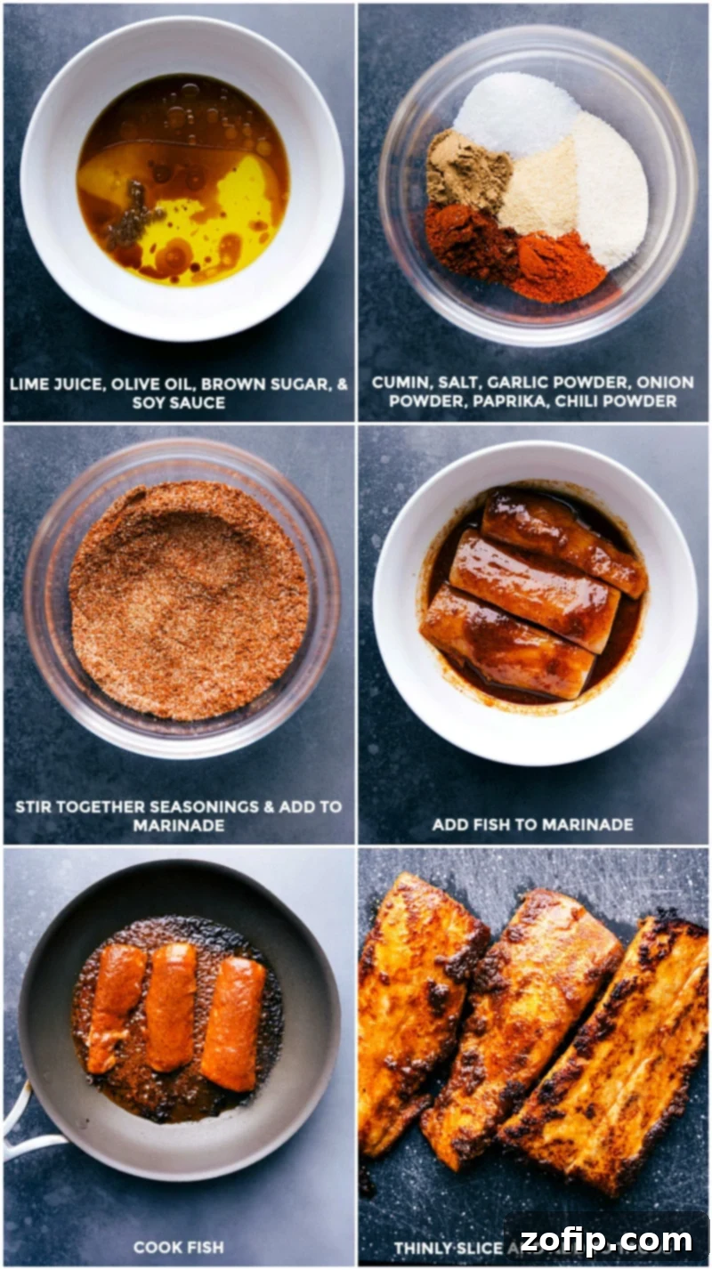 Fish Taco Preparation - Marinade and Seasoning Step-by-step image showing marinade ingredients being combined, seasoning blend, and fish marinating before cooking and slicing for tacos.