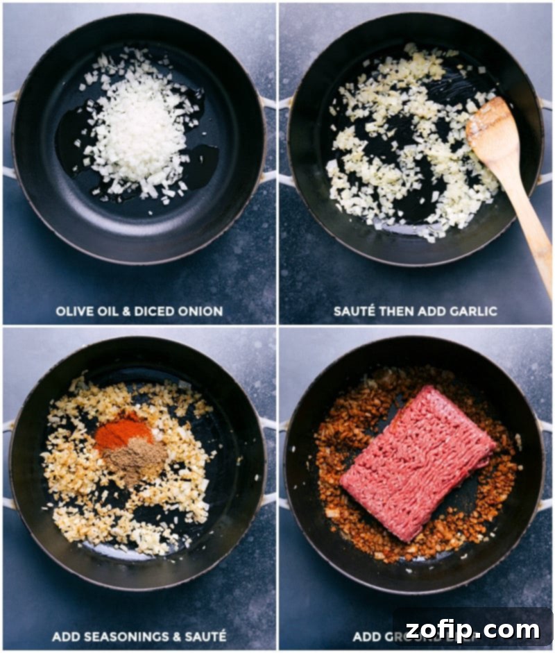 Sautéing Onions, Garlic, and Spices for Ground Beef Filling - Essential Flavors The process of cooking flavorful ground beef, showing diced onions sautéing in olive oil, followed by the addition of garlic and a blend of aromatic spices, before finally browning the lean ground beef in a large skillet.