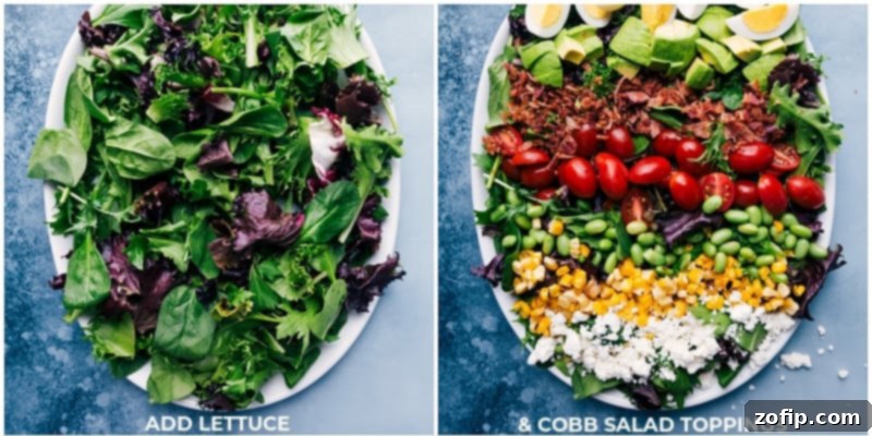 Ingredients for the Cobb Salad, featuring crispy bacon and fresh vegetables, ready for assembly.