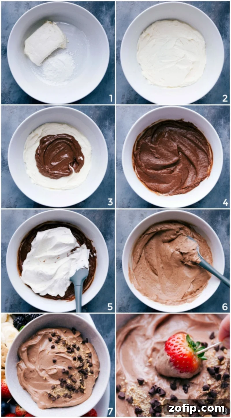 The process of making creamy chocolate dip is shown, with ingredients like softened cream cheese, rich Nutella, and freshly whipped cream being expertly combined in a large mixing bowl.
