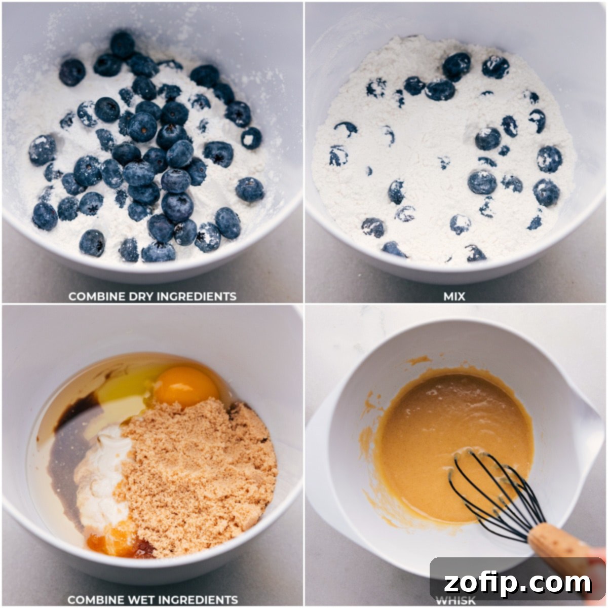 Prepping Ingredients for Homemade Healthy Blueberry Muffins Separate bowls showing dry ingredients (flour, cornstarch, baking powder, salt, and blueberries coated in flour) being mixed together, and wet ingredients (egg, Greek yogurt, vanilla extract, coconut oil, and brown sugar) being whisked for healthy blueberry muffins.