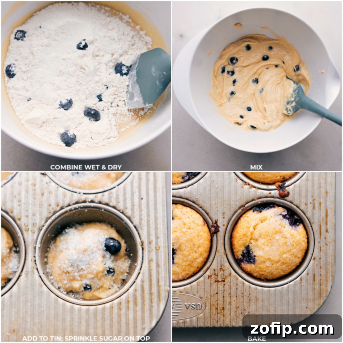 Baking Healthy Blueberry Muffins at Home The combined dry and wet ingredients forming a blueberry muffin batter being spooned into a muffin tin, ready for baking.