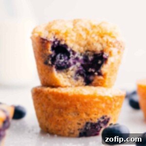 Guilt-Free Blueberry Goodness 2 Healthy blueberry muffins stacked on top of each other with a bite taken out of the top one.