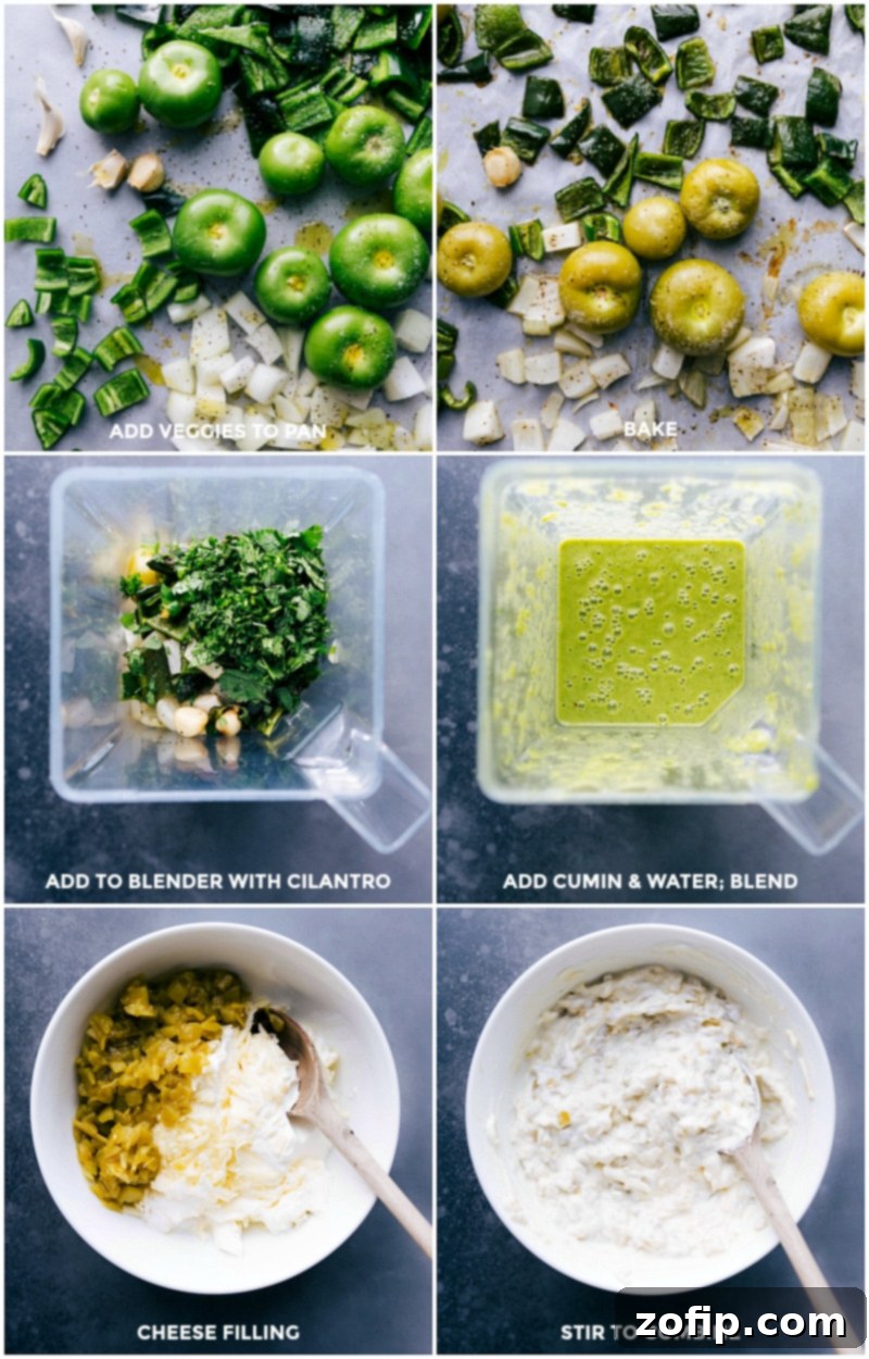 Adding vegetables to a pan for baking, then blending them with cilantro, cumin, and water, alongside mixing cheese filling ingredients in another bowl.