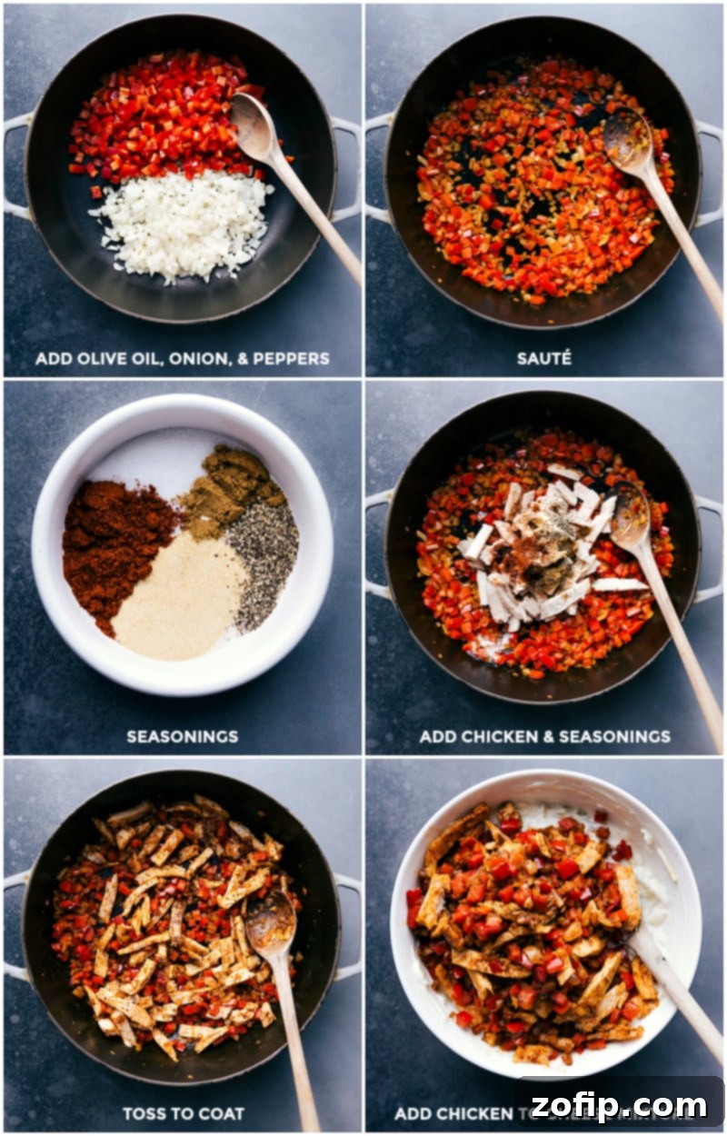 Making chicken filling by sautéing onion and peppers in olive oil, adding chicken pieces and seasonings, tossing to coat, and then combining with cheese mixture.