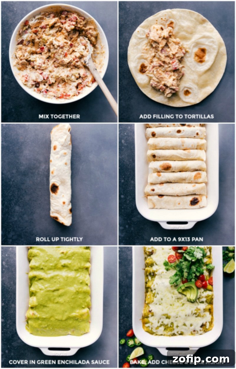 Mixing together filling ingredients, spreading onto tortillas, rolling them up to fill a baking pan, covering with green enchilada sauce, baking, then adding cheese and continuing to bake until the green chile chicken enchiladas are perfectly done.