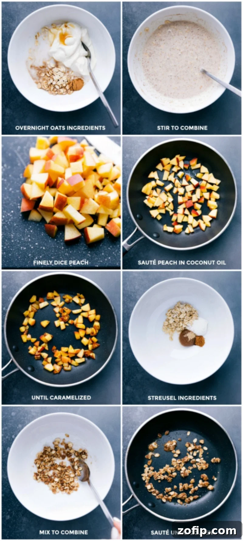 A visual sequence of preparing Peach Cobbler Overnight Oats, showing a bowl with oats and milk being mixed, fresh peach slices caramelizing in a pan, and streusel ingredients combining, highlighting the process from start to finish.