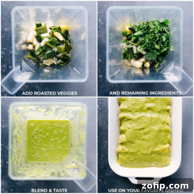 The final step for this easy homemade green enchilada sauce is blending the roasted tomatillos, onion, peppers, and garlic with broth and seasonings until smooth. Don't forget to taste and adjust! Recipe via ChelseasMessyApron.com #enchiladas #greensauce #greenenchiladas #tomatillos #mexican #spicy #tacotuesday Blended green enchilada sauce in a high-powered blender, showcasing its smooth, vibrant texture. The final step involves tasting and adjusting seasonings.