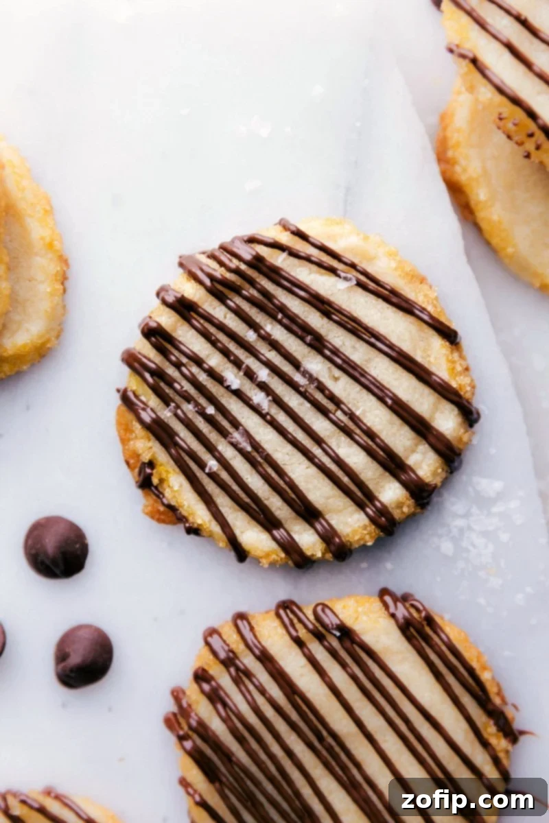 Shortbread cookies with a tempting chocolate drizzle, showcasing their perfect golden edges and smooth chocolate finish.