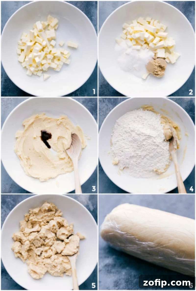 A step-by-step visual guide to making shortbread cookie dough, from combining ingredients to shaping the perfect logs.