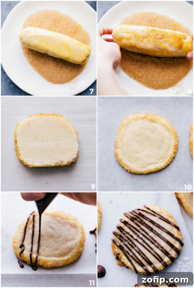 The process of preparing shortbread cookies: rolling dough in sugar, baking on a tray, and adding a final chocolate drizzle.