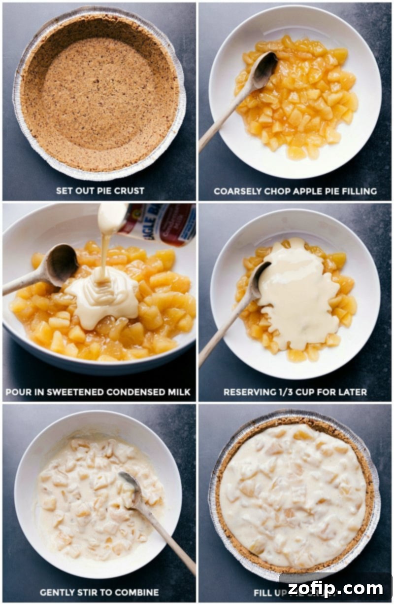 The perfect holiday pie! Recipe via ChelseasMessyApron #easy #best #homemade #recipe #topping #quick #simple #apple #streusel #pie Process shots: setting out the pie crust, coarsely chopping apple pie filling, pouring in sweetened condensed milk, stirring to combine, and filling the crust.