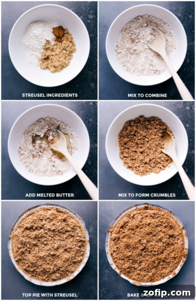 The best ever Apple Streusel Pie starts with a pecan crust, creamy apple filling, crunchy streusel topping, and a drizzle over top. The perfect holiday pie! Recipe via ChelseasMessyApron #easy #best #homemade #recipe #topping #quick #simple #apple #streusel #pie Process shots: combining the streusel ingredients, topping the pie generously, baking until golden, and allowing it to cool for perfect slices.