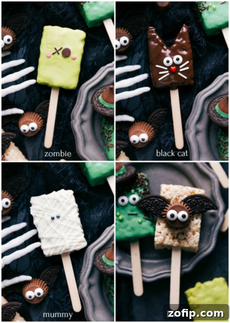 Rice krispie halloween treats on sticks shaped like a zombie, black cat, mummy, and bat.