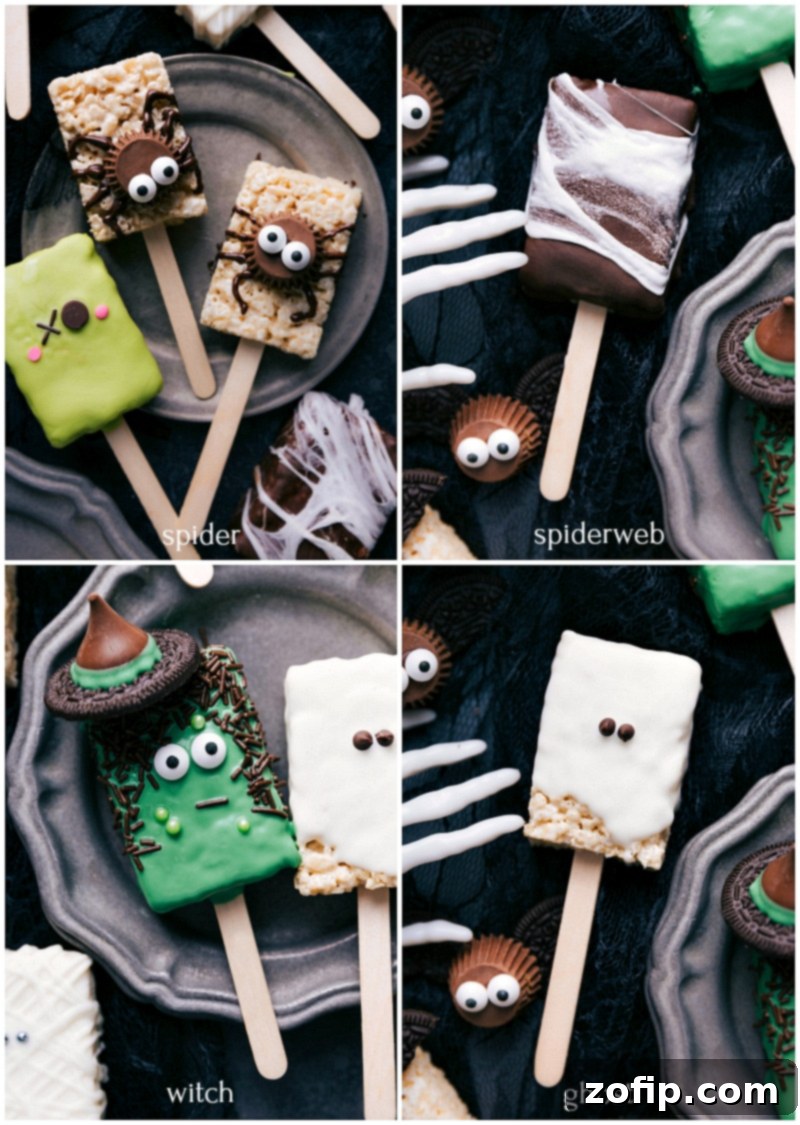 The completed halloween rice krispie treats recipe featuring creatively decorated spider, spiderweb, witch, and ghost treats.