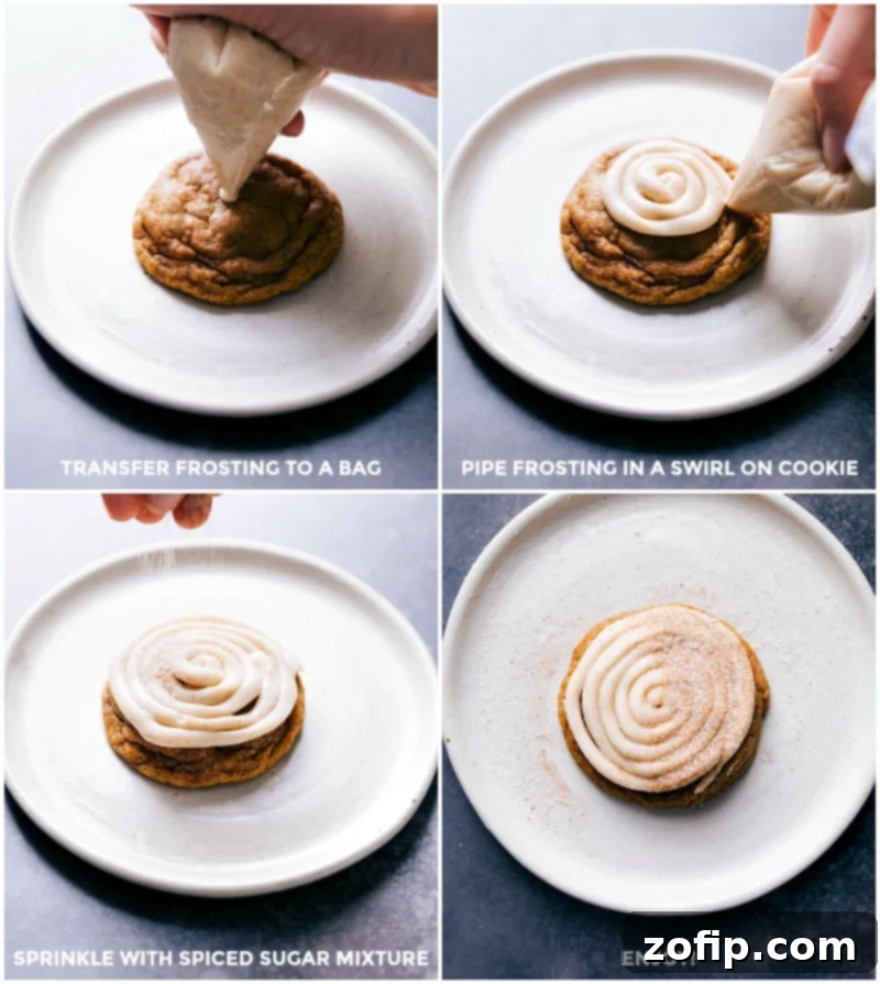 Frosting being piped on top of the cookie, with spiced sugar mixture added, ready to be enjoyed.