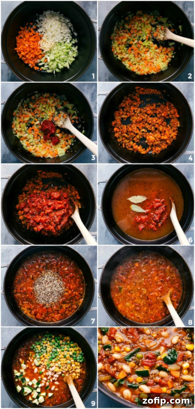 A visual guide showing the progression of making healthy minestrone soup: from sautéing vegetables in a pot, to adding broth and quinoa, and finally, a finished pot of hearty minestrone soup brimming with ingredients, ready to be served.