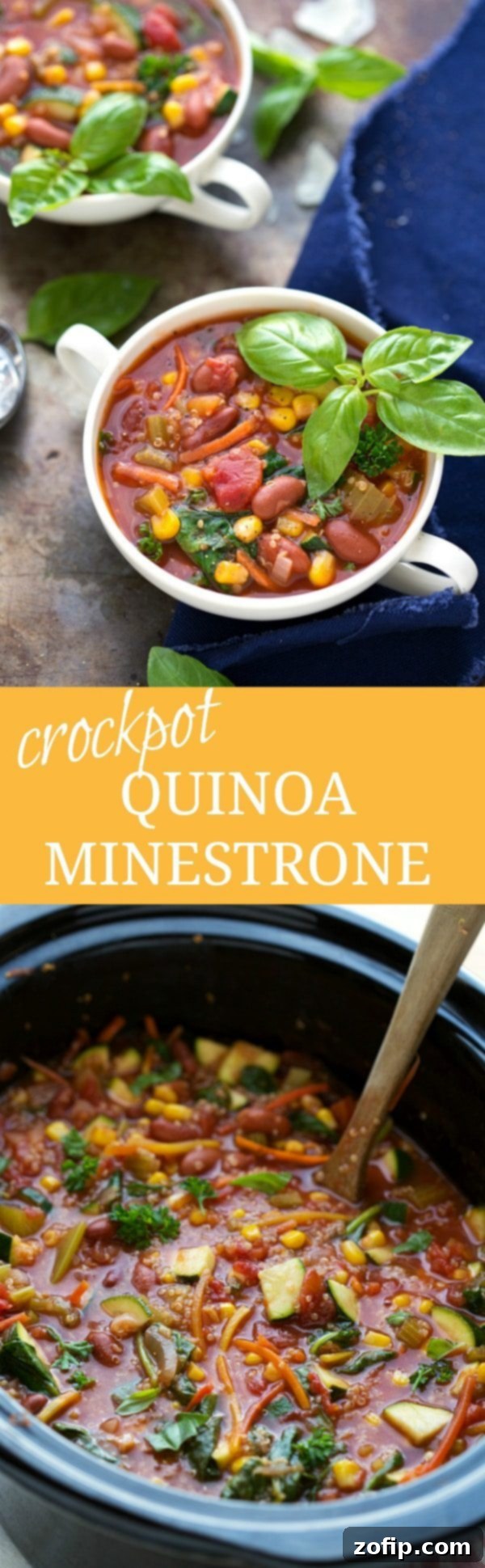 Easy Crockpot Quinoa Minestrone - a healthy, comforting soup recipe perfect for meal prep, featuring a rich blend of vegetables and protein-rich quinoa.