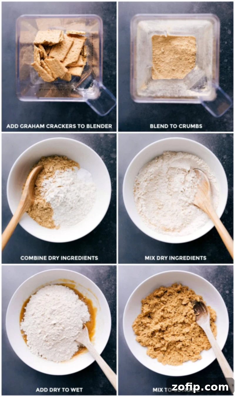 Combining Dry and Wet Ingredients Blending graham crackers into fine crumbs, adding to dry ingredients and combining, then mixing dry ingredients with wet ingredients until fully combined.
