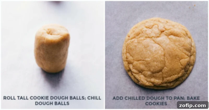 Baking the Delicious Cookie Dough Dough rolled into tall cylinders on a baking sheet, perfectly baked and coming out of the oven with a golden-brown color.