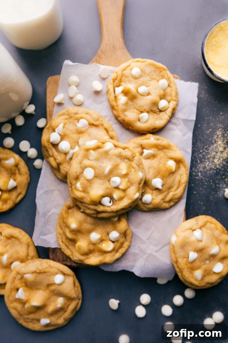 A batch of freshly baked cornmeal cookies, each one topped with white chocolate chips, deliciously golden brown and inviting.