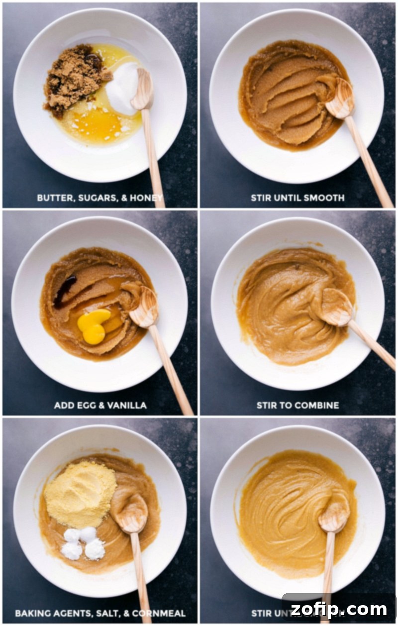 Mixing wet ingredients, including butter, sugar, and honey, until smooth and well combined for the cornmeal cookie dough.