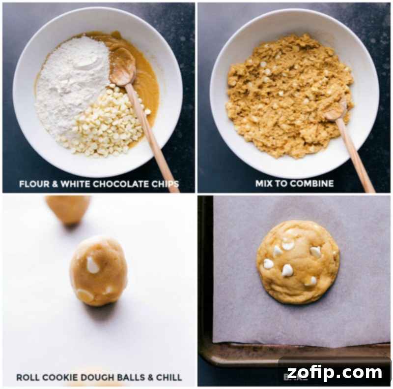 Adding dry ingredients over wet, rolling dough into balls, and baking to complete the cornmeal cookie recipe.