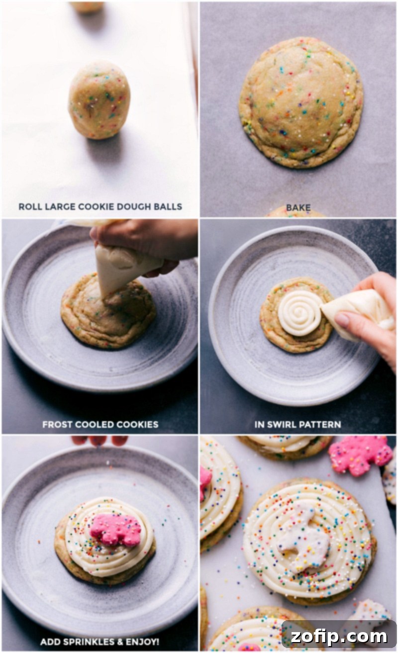 A sequence showing Circus Animal Cookies being baked, then frosted with a swirl of cream cheese frosting, and finally adorned with a frosted animal cracker, illustrating the complete baking and decorating process.