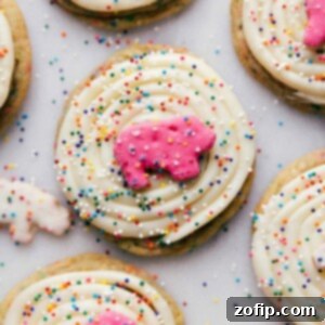 Finished, decorated, and delicious Circus Animal Cookies generously frosted with colorful sprinkles.