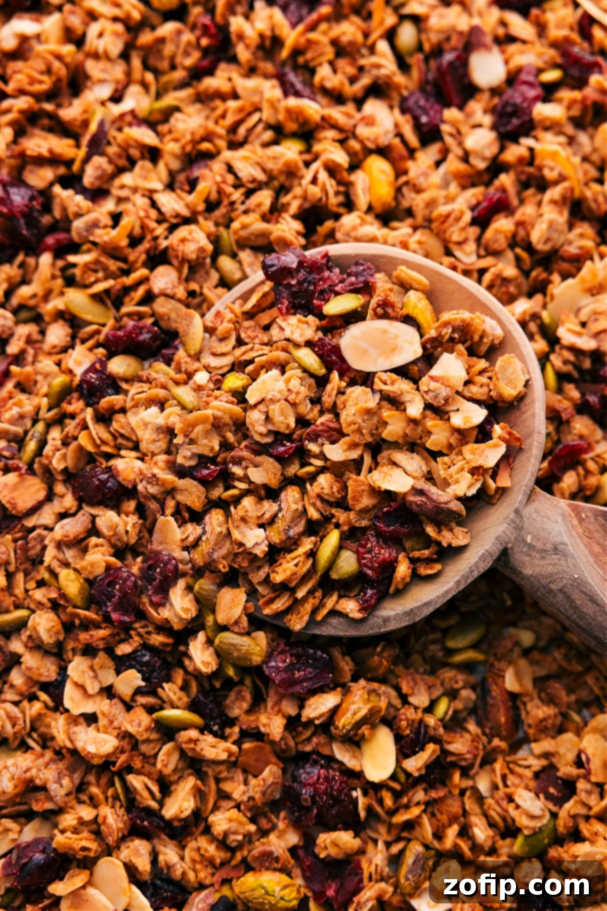 A big scoop of golden-brown homemade granola on a sheet pan, ready to be enjoyed.