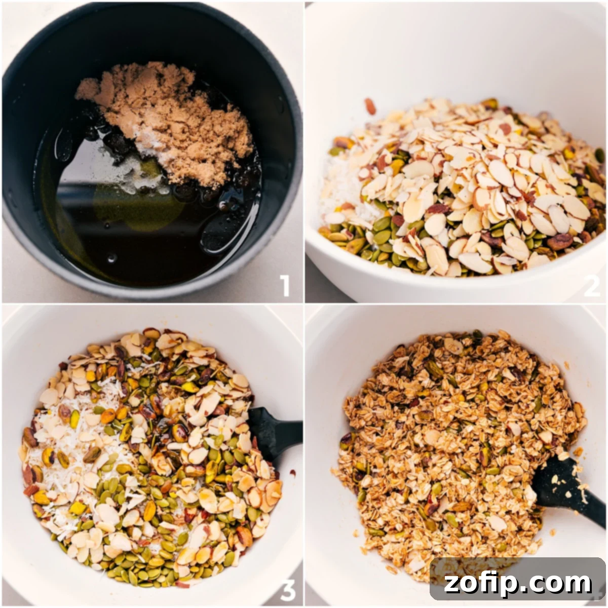 Step-by-step process of making granola: combine wet ingredients in a saucepan, then mix all dry ingredients in a large bowl, and finally combine both mixtures for even coating.