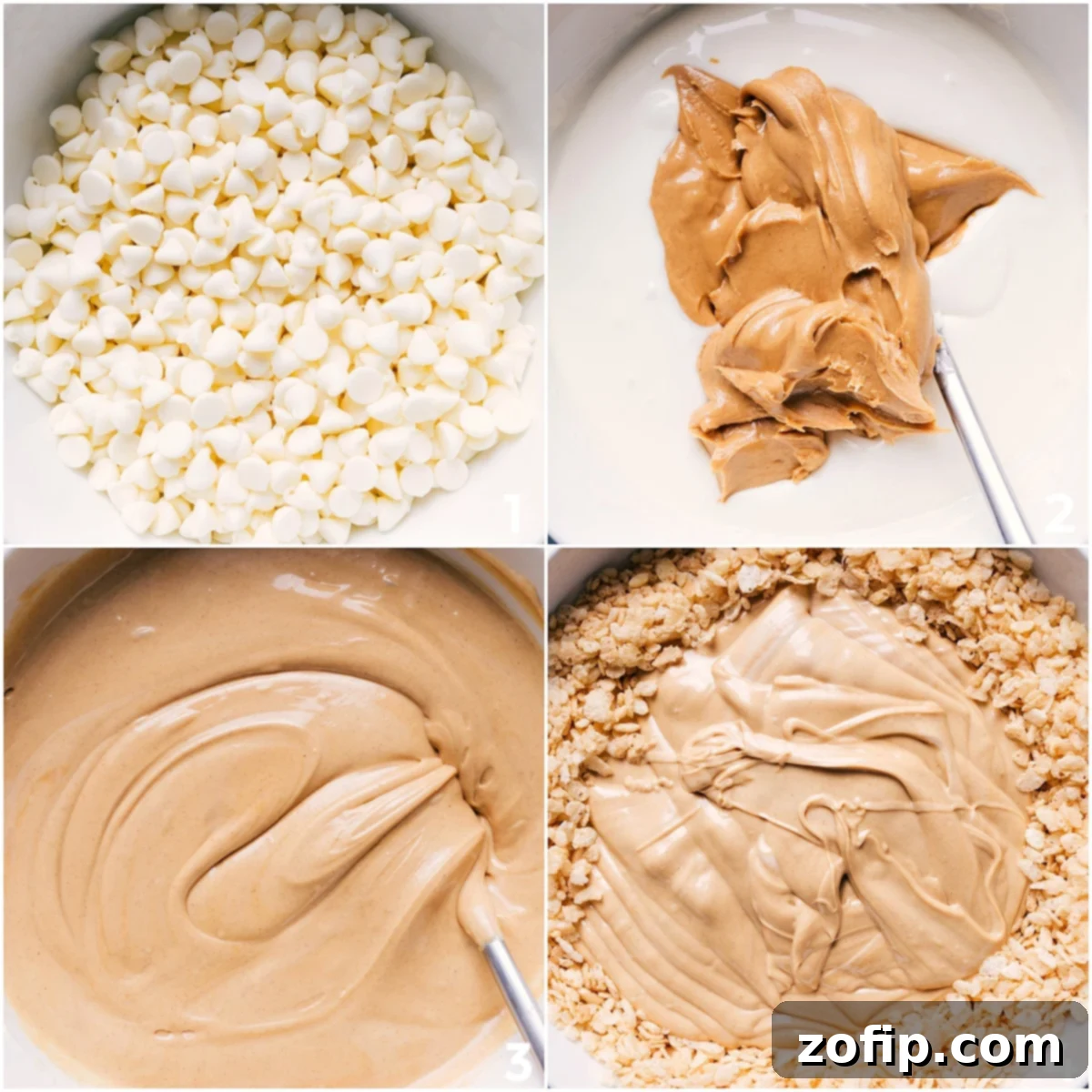 Preparing the Creamy Base for Avalanche Cookies Melted white chocolate and creamy peanut butter are combined, ready to be poured over the crispy rice cereal for the Avalanche Cookies base.