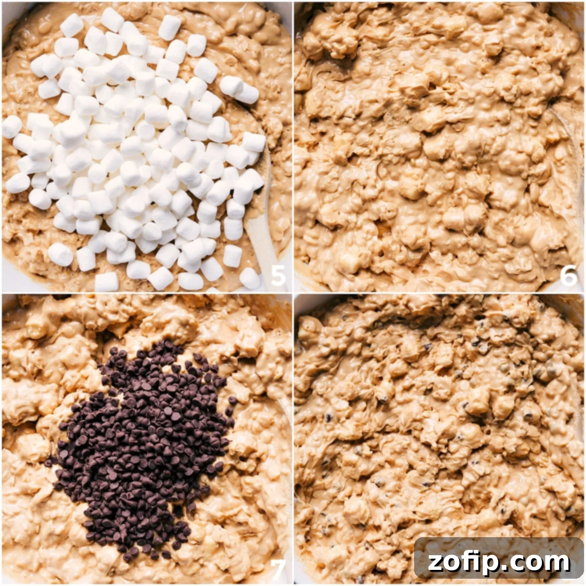 Final Mixing Stage of Avalanche Cookies The Avalanche Cookie mixture, featuring marshmallows and chocolate chips, is perfectly combined and ready for scooping onto a baking sheet.