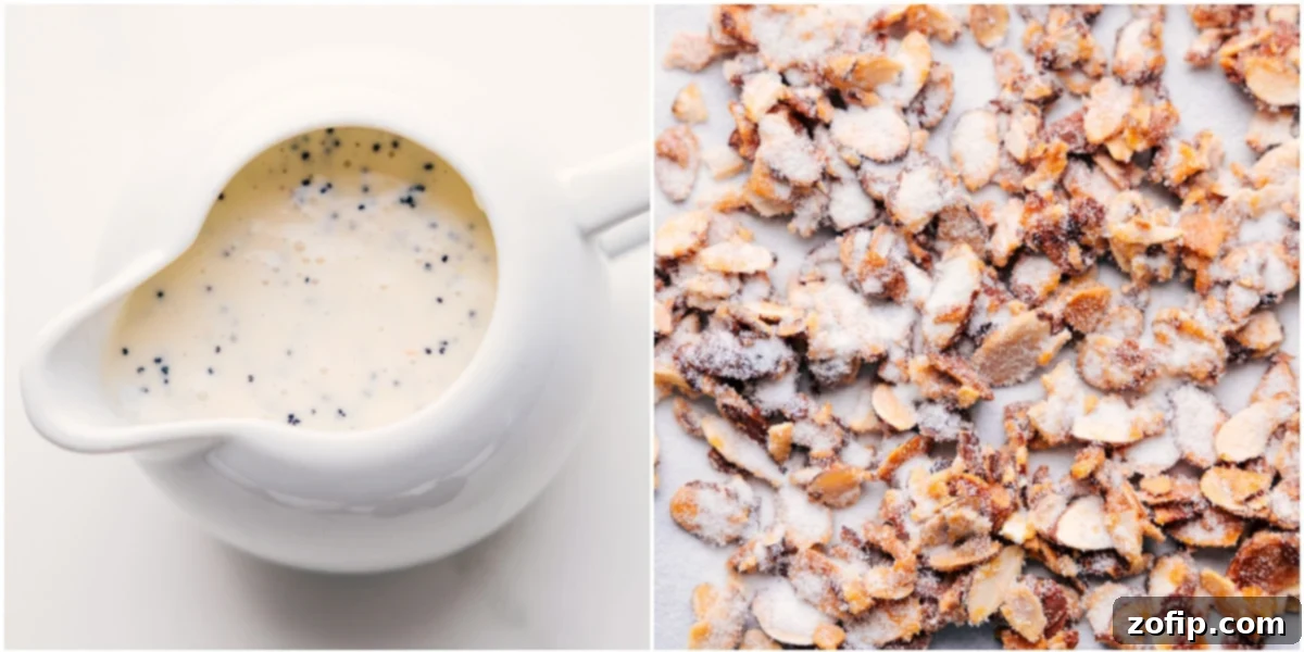 The Best Poppyseed Salad Recipe Close-up of creamy homemade poppyseed dressing in a glass jar, with candied almonds scattered nearby, ready to be added to the salad.