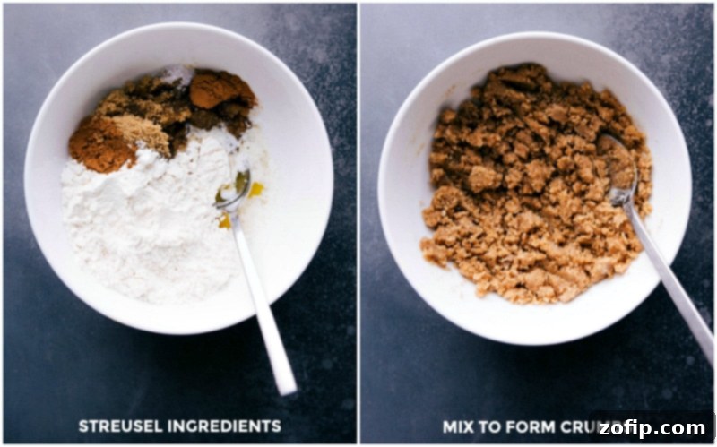 Preparing Streusel Topping for Pumpkin Bread A bowl filled with streusel ingredients being mixed, showing the crumbly texture before it's sprinkled over the pumpkin bread batter.