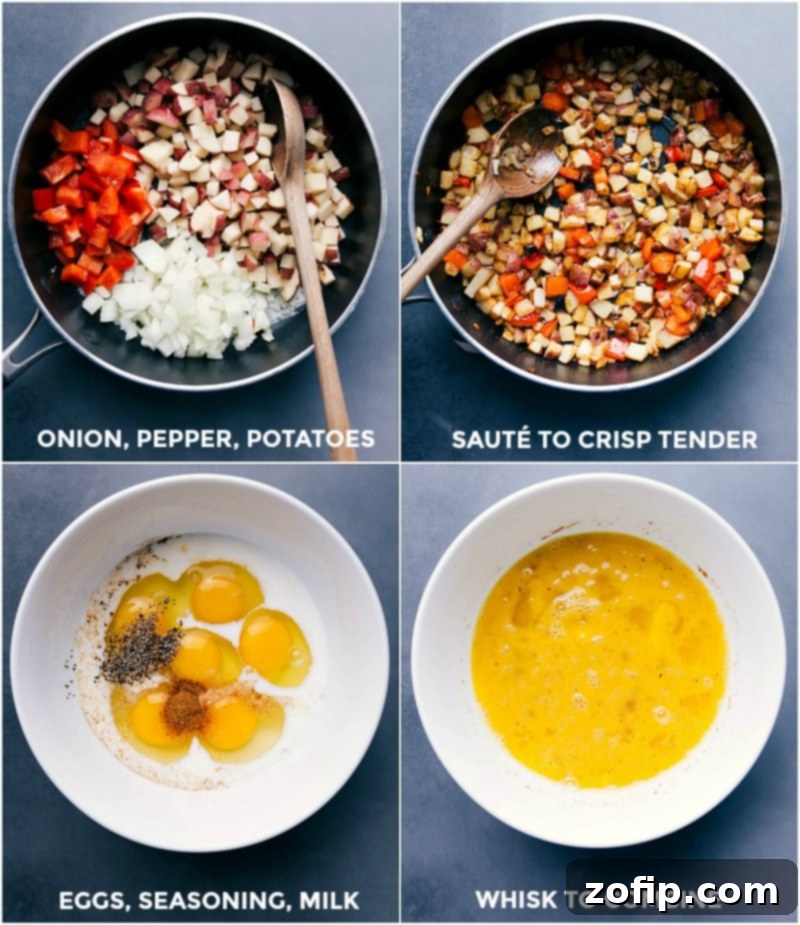 Sautéing Fresh Veggies with Whisked Eggs and Seasonings on the Side, Prepping for an Egg Skillet. Freshly chopped red bell peppers, yellow onions, and cubed red potatoes ready to be sautéed in a skillet, with a bowl of whisked eggs and seasonings waiting nearby.