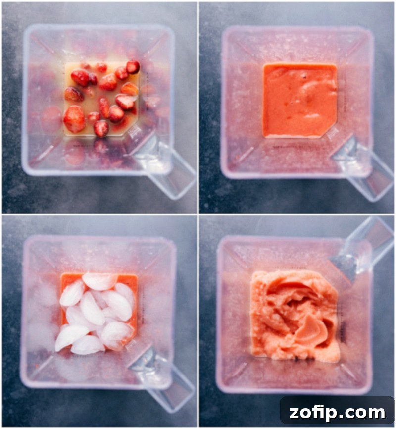 Close-up of a high-powered blender, showing frozen strawberries, lemon juice, orange juice, and water being added before blending, followed by the addition of ice for the final slush consistency.