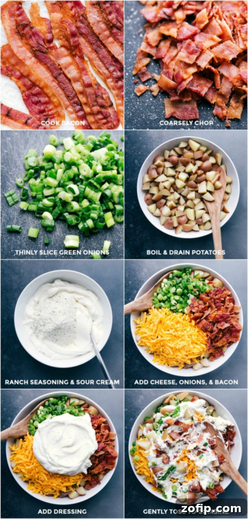 Visual steps of ranch potato salad creation: chopping bacon, slicing green onions, boiling red potatoes, preparing creamy dressing, and gently tossing all ingredients together in a large bowl.