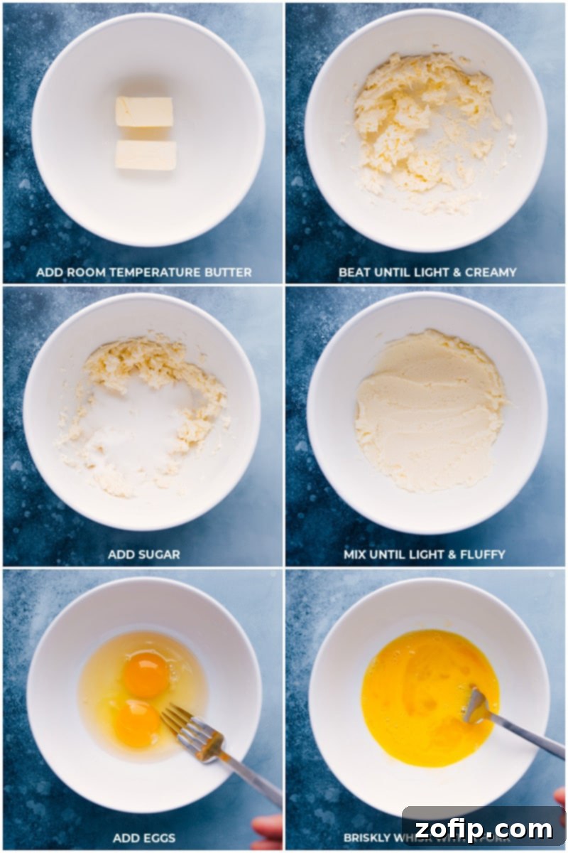 Initial steps for homemade strawberry cake batter: creamed butter and sugar, whisked eggs. Process shots showing steps to make strawberry cake: beating room-temperature butter until light, mixing in sugar, and whisking eggs separately in a bowl.