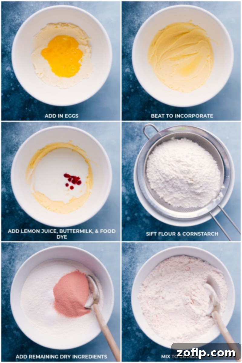 Mixing wet and dry ingredients for homemade strawberry cake. Process shots of strawberry cake batter preparation: adding whisked eggs to butter mixture, incorporating lemon juice, buttermilk, and food dye, then sifting flour and cornstarch, and finally mixing in remaining dry ingredients.