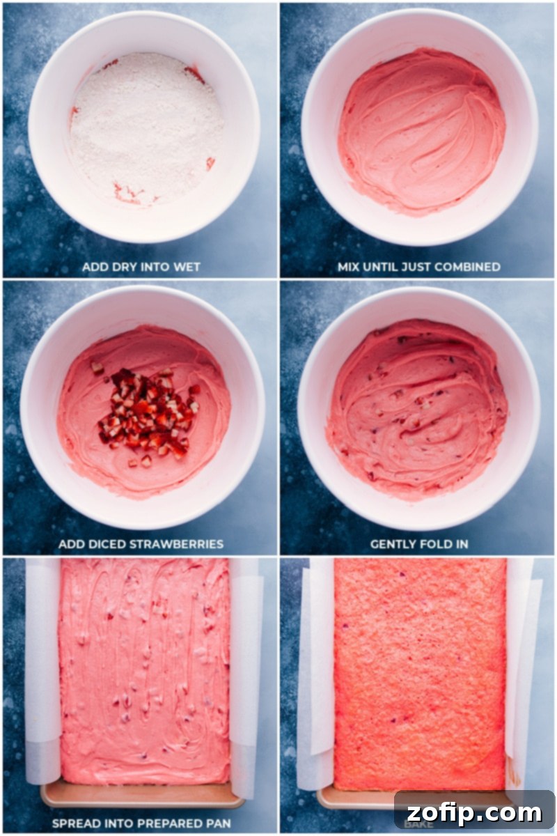 Final stages of strawberry cake preparation: mixing, adding fruit, and baking. Process shots for strawberry cake: adding dry ingredients to wet, gently folding in diced berries, spreading batter into a pan, and baking.