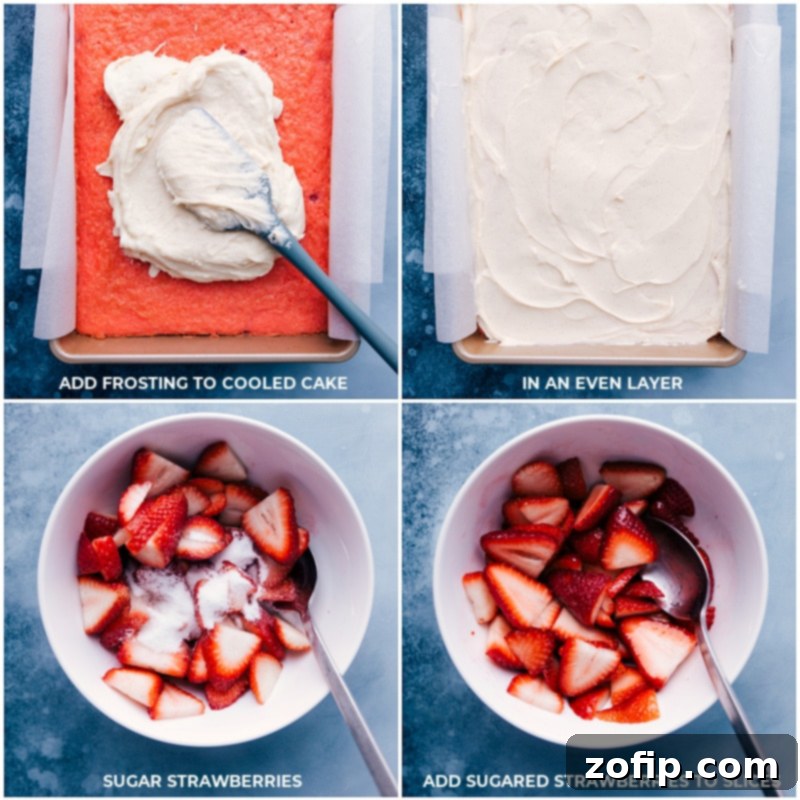 Frosting the cake and making sugared strawberry topping. Process shots for frosting the cake: spreading cream cheese frosting evenly over the cooled cake, and preparing sugared berries by mixing sliced strawberries with sugar.