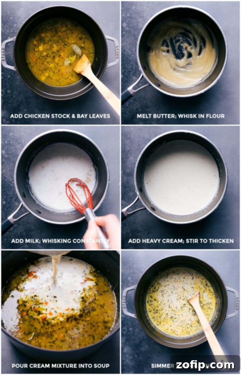 A close-up of a whisk stirring a creamy, white sauce in a saucepan, highlighting the process of making the roux and adding milk and cream for the Chicken Pot Pie Soup base.